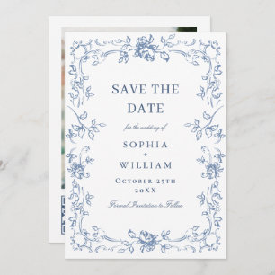 Renaissance Verziert Floral Dusty Blue Wedding Save The Date