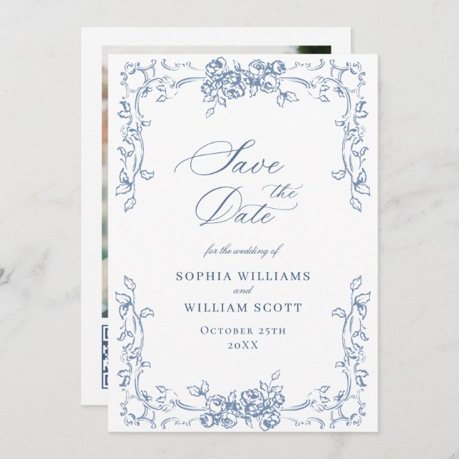Renaissance Verziert Floral Dusty Blue Wedding Save The Date (Vorne/Hinten)
