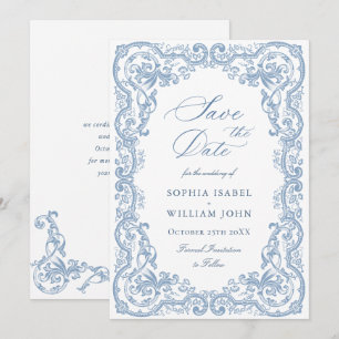 Renaissance Verziert Floral Dusty Blue Wedding Save The Date