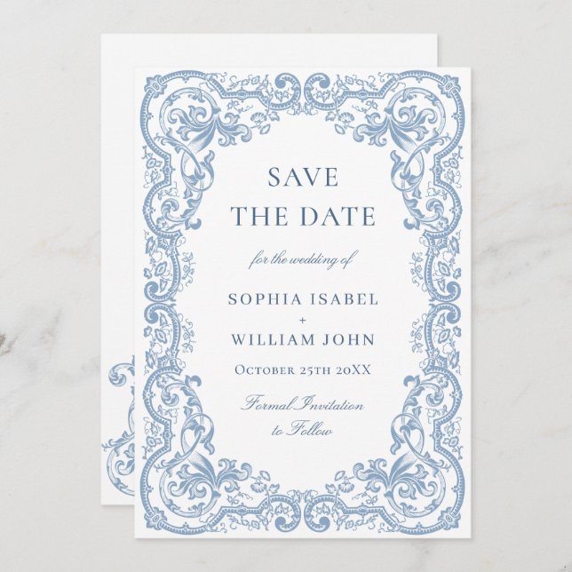 Renaissance Verziert Floral Dusty Blue Wedding Save The Date (Vorne/Hinten)