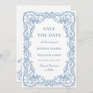 Renaissance Verziert Floral Dusty Blue Wedding Save The Date
