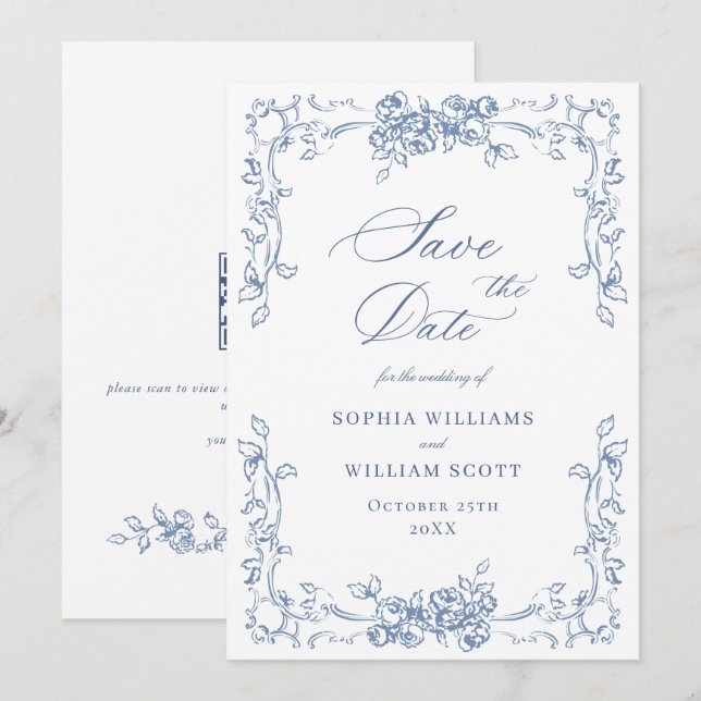 Renaissance Verziert Floral Dusty Blue Wedding Save The Date (Vorne/Hinten)