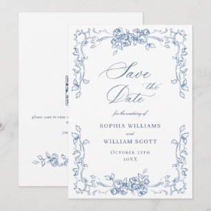 Renaissance Verziert Floral Dusty Blue Wedding Save The Date