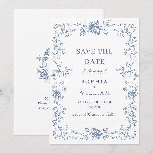 Renaissance Verziert Floral Dusty Blue Wedding Save The Date (Vorne/Hinten)