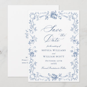 Renaissance Verziert Floral Dusty Blue Wedding Save The Date