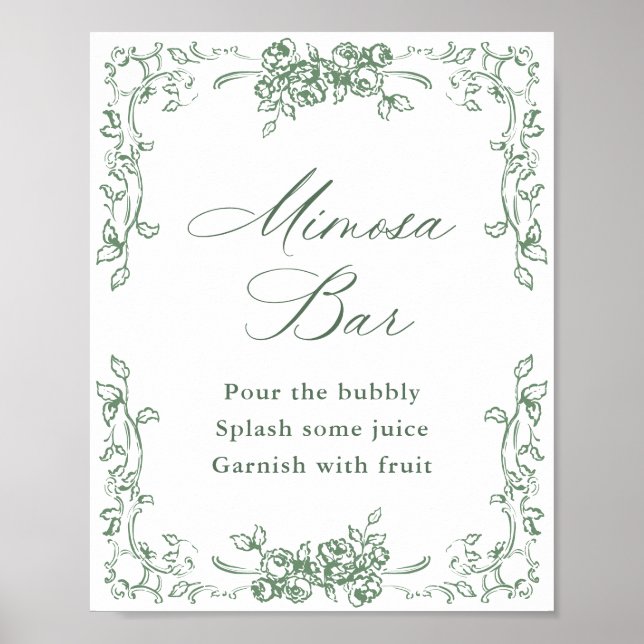 Renaissance Verziert Sage Green Mimosa Bar Sign Poster (Vorne)