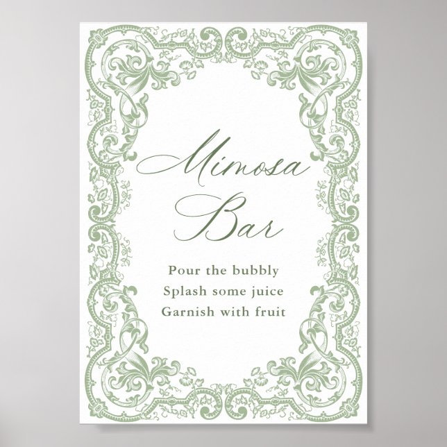 Renaissance Verziert Sage Green Mimosa Bar Sign Poster (Vorne)