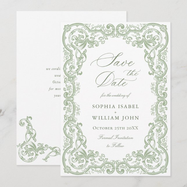 Renaissance Verzierte Blumenfeier Grüne Hochzeit Save The Date (Vorne/Hinten)
