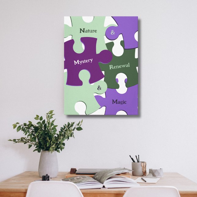 Renewal Lila Mystery Magic Puzzle Leinwanddruck (Green Nature Renewal Purple Mystery Magic Puzzle Canvas Print, Custom Text & Color)