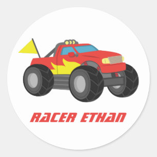 Renn-Feuerroter-Monstertruck, für Jungen Runder Aufkleber