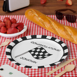 Rennen-Schwarz-weißer Checkered Flaggen-Name Pappteller