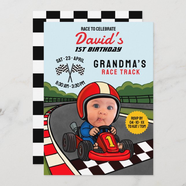 Rennen Sie zu feiern! Custom 1. Geburtstag Einladung (Vorne/Hinten)