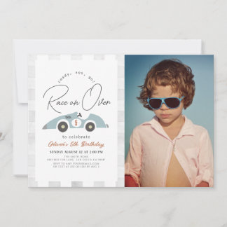 Rennen über Blue Race Car Boy Geburtstag Foto Einladung