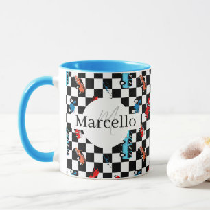 Rennsport Schwarz-Weiß modernes Muster mit Autos Tasse