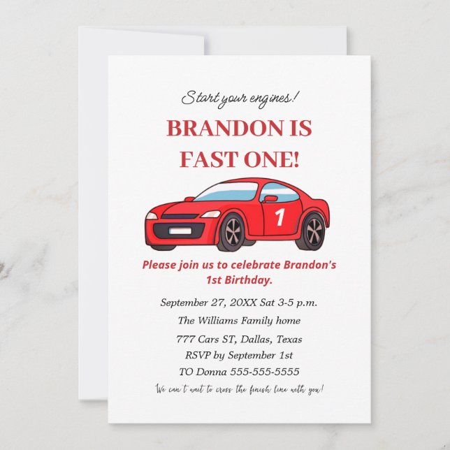 Rennwagen 1. Geburtstag Junge Rote Kinder Einladung (Vorderseite)