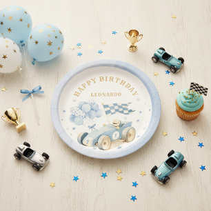 Rennwagen Blau Aquarell Junge Erster Geburtstag  Pappteller