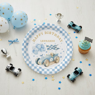 Rennwagen Blau Aquarell Junge Erster Geburtstag  Pappteller