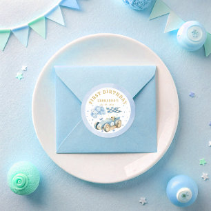 Rennwagen Blau Aquarell Junge Erster Geburtstag Runder Aufkleber