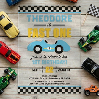 Rennwagen "Fast One" 1. Geburtstag Acryleinladungen