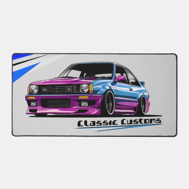 Rennwagen, Lila & blau, Garage für Autokultur Schreibtischunterlage (Vorderseite)
