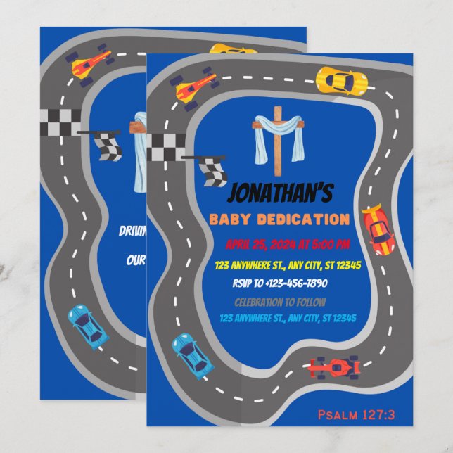 Rennwagen Racetrack Baby Boy Dedication Einladung (Vorne/Hinten)