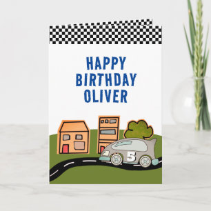 Rennwagen-Straßenhäuser-Name Alles Gute zum Geburt Karte