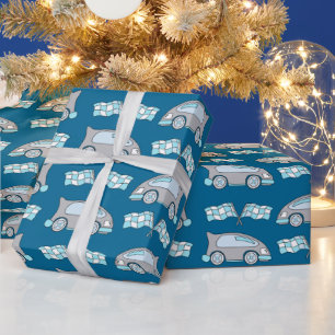 Rennwagenflagge Blau Kinder Muster Geschenkpapier