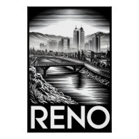 Reno Nevada Skyline Schwarz Weiß Holzschnitt