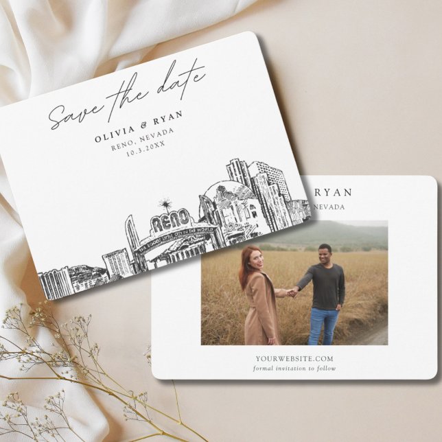Reno Wedding Downtown Skyline Save the Date Einladung (Reno wedding save the date with engagement photo and downtown skyline sketch)