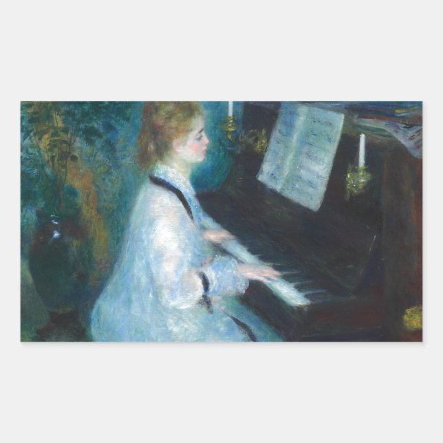 Renoir Frau am Piano Vintage Impressionistin Rechteckiger Aufkleber (Vorderseite)