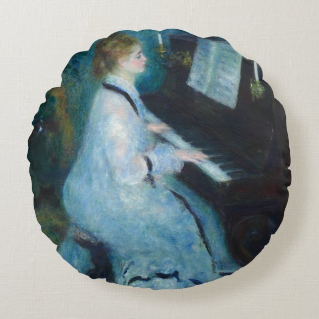 Renoir Frau am Piano Vintage Impressionistin Rundes Kissen (Vorderseite)