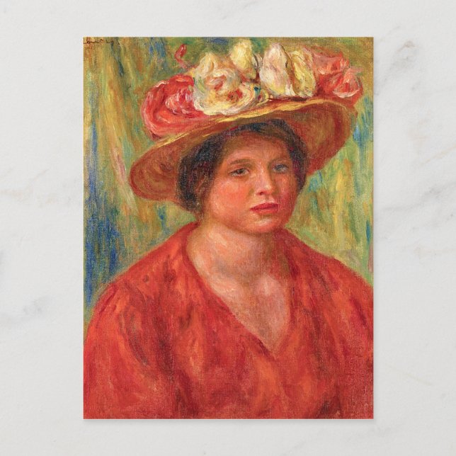 Renoir - Frau in einem Hut mit Blume Postkarte (Vorderseite)