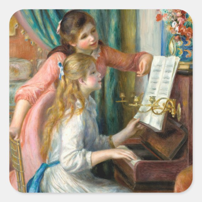 Renoir Girls am Piano Impressionismus Malerei Quadratischer Aufkleber (Vorderseite)