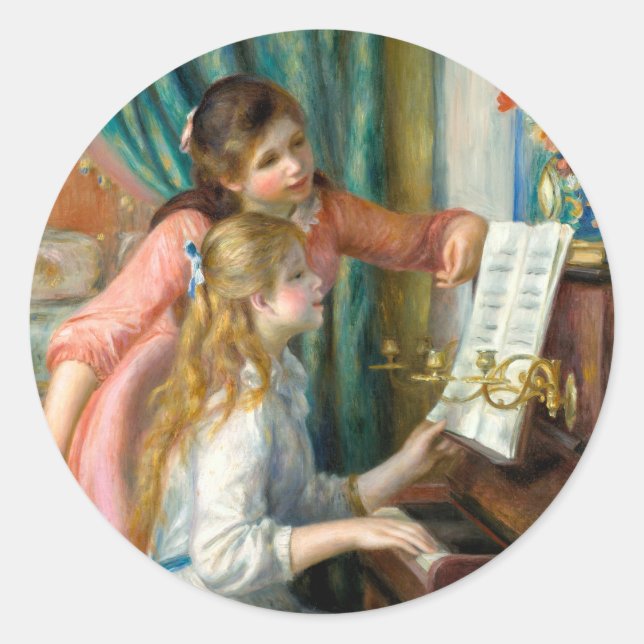 Renoir Girls am Piano Impressionismus Malerei Runder Aufkleber (Vorderseite)