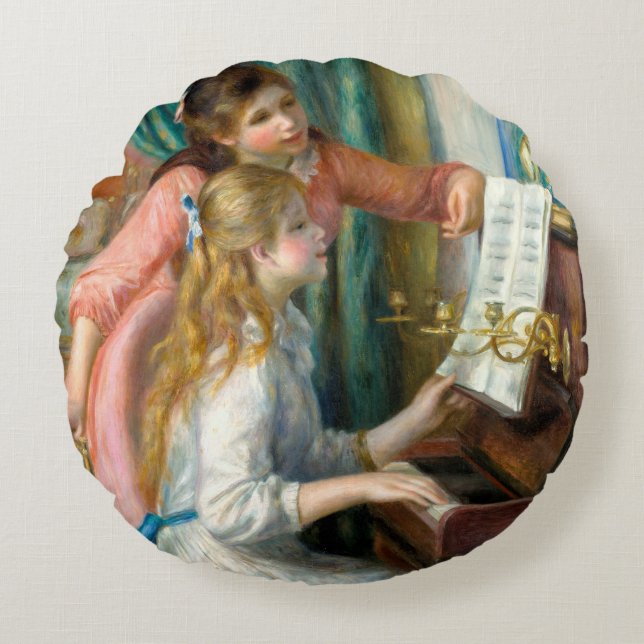 Renoir Girls am Piano Impressionismus Malerei Rundes Kissen (Vorderseite)