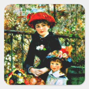 Renoir-Kunst: Zwei Schwestern auf der Terrasse Quadratischer Aufkleber