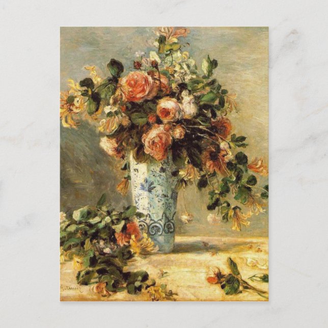 Renoir-Rose und Jasmine in einer Delft-Vase Postkarte (Vorderseite)