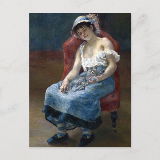Renoir Schlafmädchen mit katzenklassischer Kunst Postkarte (Vorderseite)