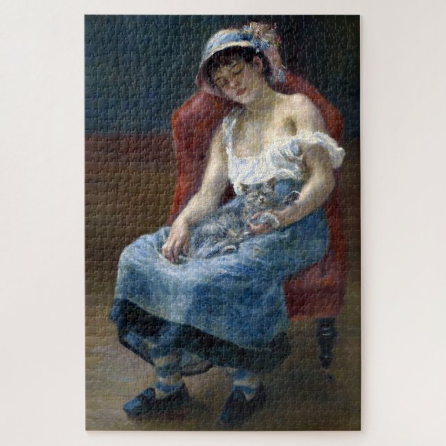 Renoir Schlafmädchen mit katzenklassischer Kunst Puzzle (Vertikal)