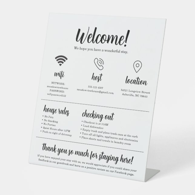 Rental Welcome Sign, Editable Airbnb Tabletop Sign Sockelschild (Vorderseite)