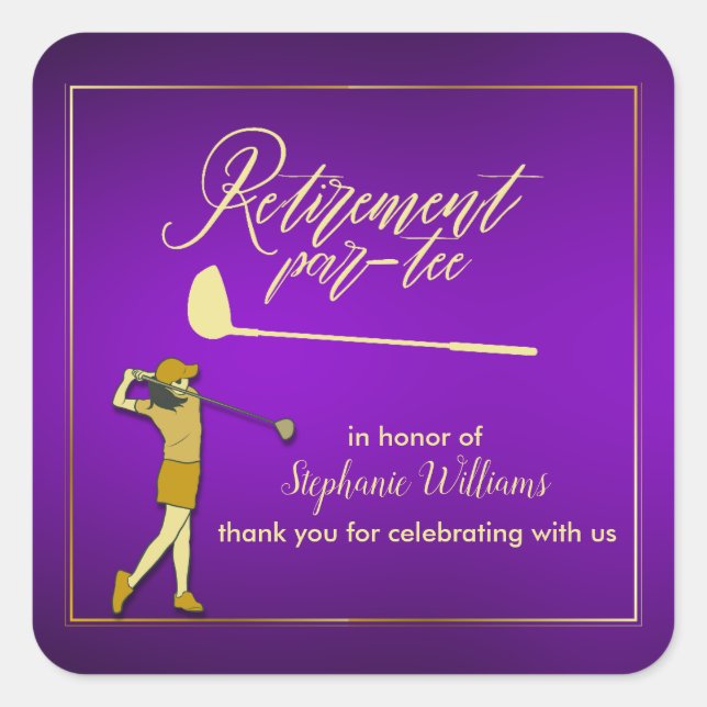 Rente Golf Party Klassisches Lila Goldenes Weibche Quadratischer Aufkleber (Vorderseite)