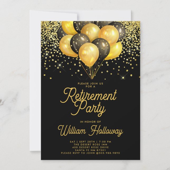 Rente Party Gold Black Balloons Confetti Einladung (Vorderseite)