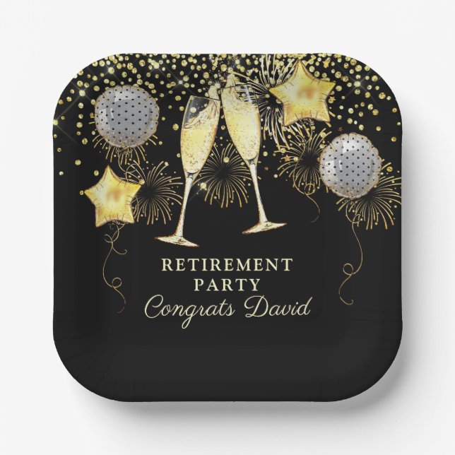 Rente Party Gold Black Confetti Champagne Pappteller (Vorderseite)