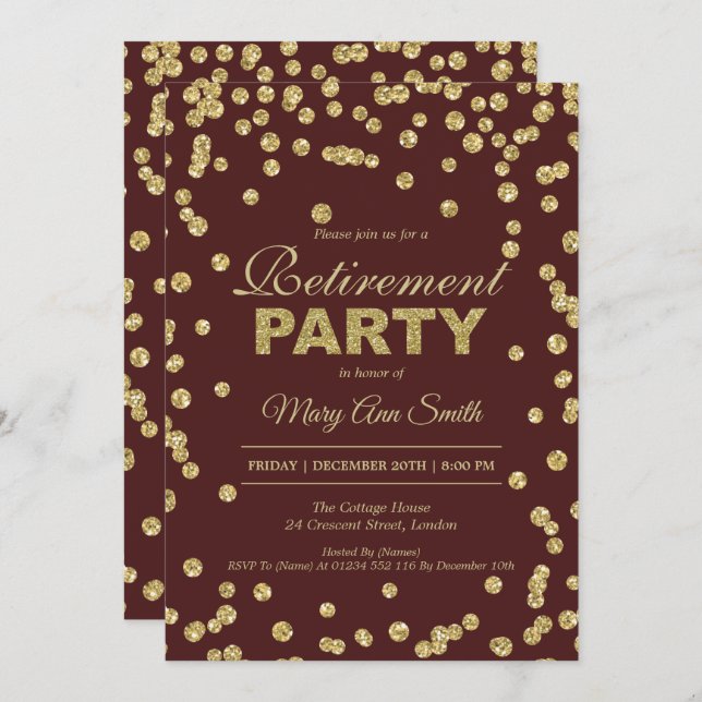 Rente Party Gold Burgund Glitzer Confetti Einladung (Vorne/Hinten)