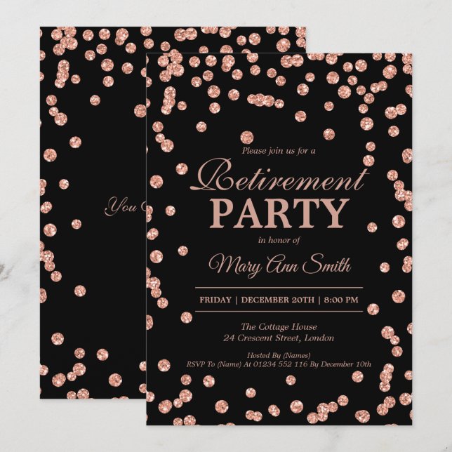 Rente Party Rose Gold Glitzer Confetti Einladung (Vorne/Hinten)