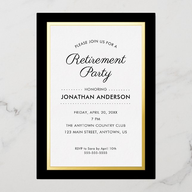 Renten-Party Schwarz und Gold Folieneinladung (Vorderseite)