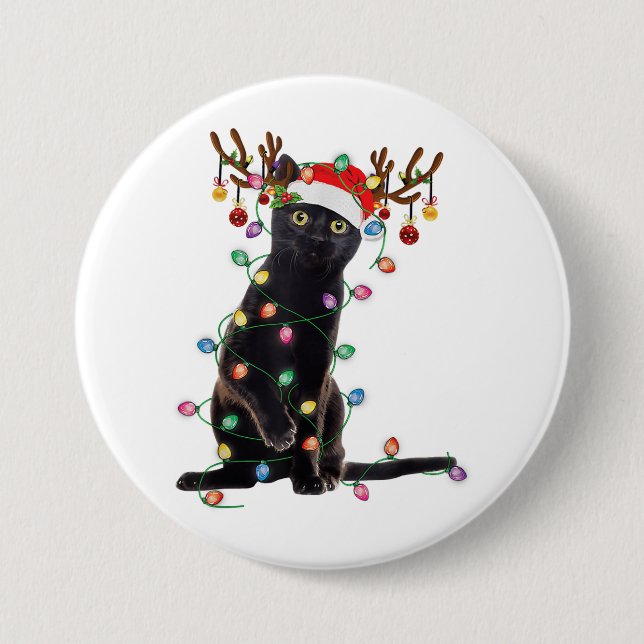 Rentier Black Cat Christmas Lights Funny Cat Liebe Button (Vorderseite)