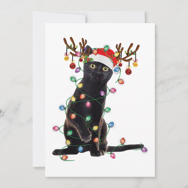 Rentier Black Cat Christmas Lights Funny Cat Liebe Einladung (Vorderseite)
