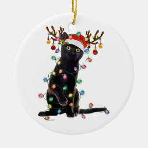 Rentier Black Cat Christmas Lights Funny Cat Liebe Keramik Ornament
