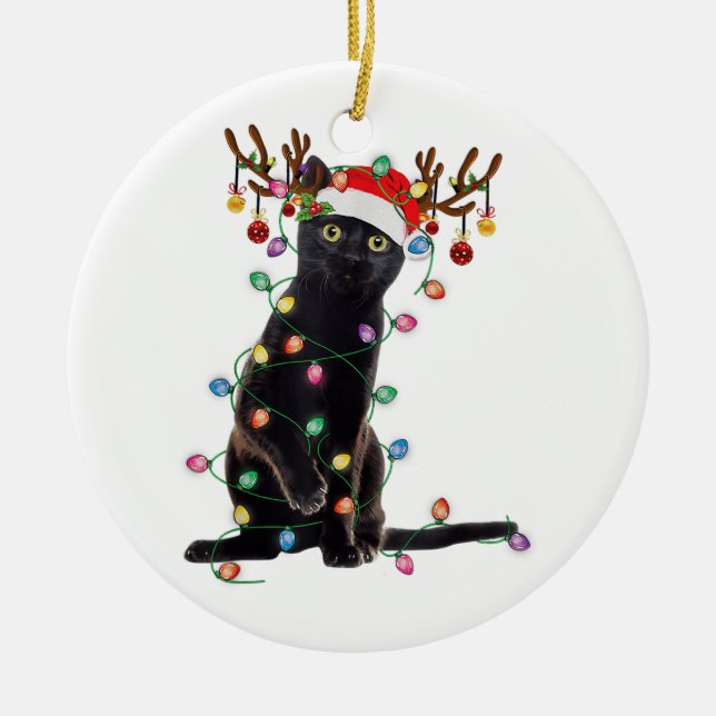 Rentier Black Cat Christmas Lights Funny Cat Liebe Keramik Ornament (Vorne)